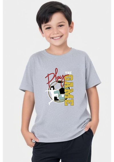 Panios Kids Play Game Baskılı Erkek Çocuk Kısa Kollu Yuvarlak Yaka T-shirt Gri