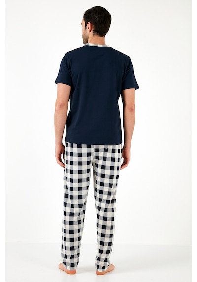 Buratti Ekoseli Pamuklu Regular Fit Kısa Kollu Erkek Pijama Takımı 60961007 Lacivert-Beyaz