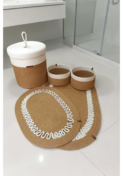 El Yapımı Dekoratif Örgülü Model 5'li Banyo Seti 2 Li Paspas 50x80 Cm Ve 40x60 Cm + Sepetler 18x18 Cm & Çamaşır Sepeti 35x33 Cm Hasır Jüt Renk