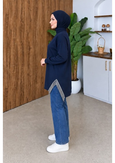 Aymiraa Kadın Püskül Detaylı Rahat Kalıp Tesettür Sweatshirt Tunik Lacivert Lacivert