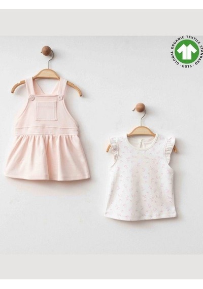 Zekids Kız Bebek Organik Pamuklu T-shirt İkili Elbise Takım-15907 Pembe