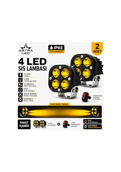 2 Adet Açma Kapama Anahtarlı Off Road Arazi Aracı Ve Motosiklet Uyumlu 4 Led Amber Sarı Renk Çalışma Ve Sis Lambası