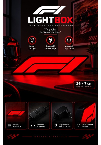 F1 Formula Led Lightbox Dekoratif Masa Lambası Kırmızı Işıklı Prizli Anahtarlı 26x7 Cm Kırmızı