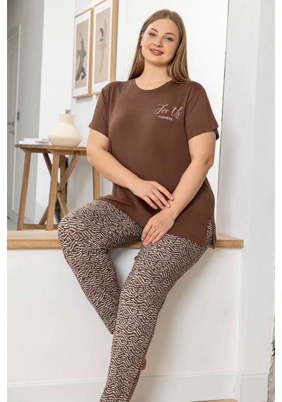 Aydoğan Kadın İnci Büyük Beden Kısa Kol Kahve Pijama Takım 0055 Kahve