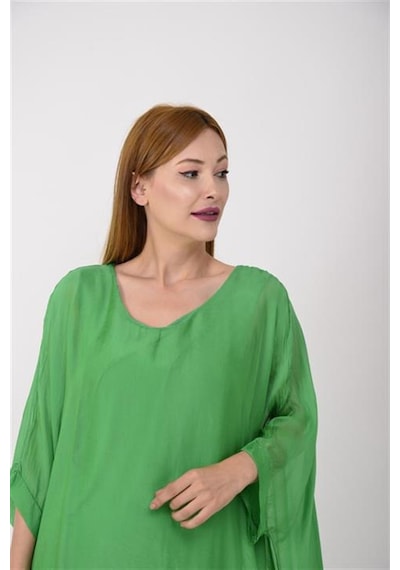 Bohem Stil İtalyan Yarasa Kol İpek Bluz-8869 Yeşil