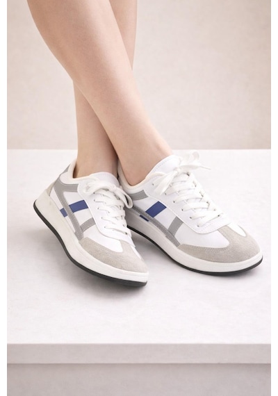 Unisex Günlük Spor Ayakkabı Bağcıklı Şerit Detaylı Sneaker Beyaz - Gri