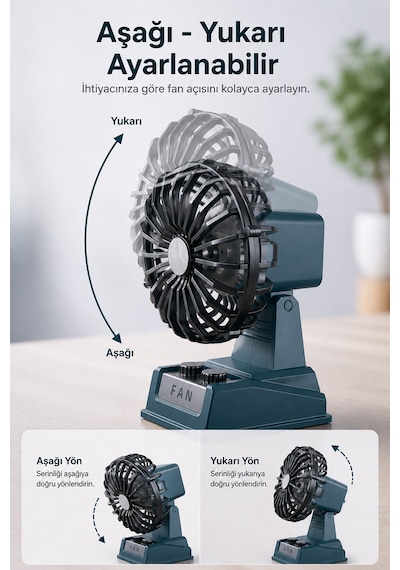 Exenar - Mavi - Şarjlı Masaüstü Mini Vantilatör Retro Tasarım 2 Kademeli Mini Fan 500 Mah Taşınabilir Fan