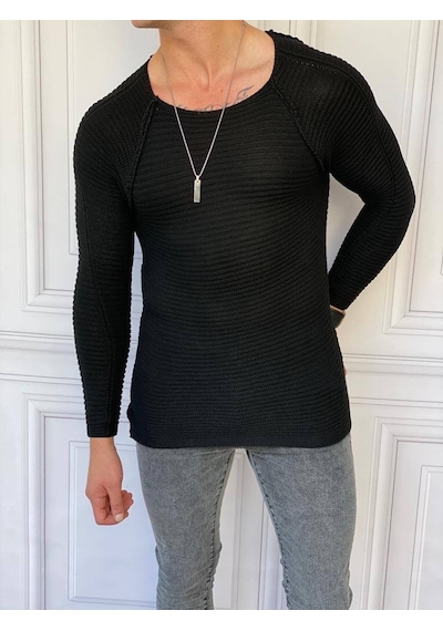 Modefendi Slim Fit Çelik Örme Açık Yaka Kazak Siyah