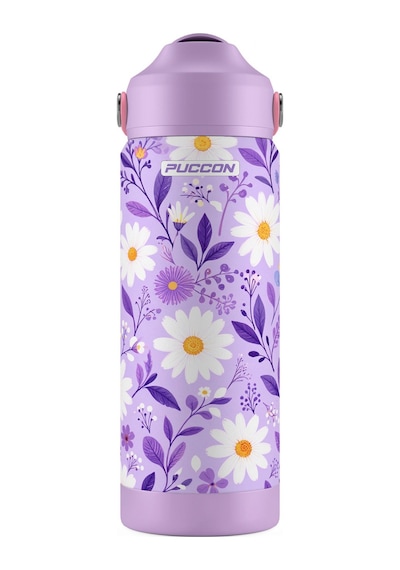 Puccon 540 Ml Papatya Desenli Beyaz - Lila Kız Çocuk Pipetli Çelik Termos Matara/suluk - 60057