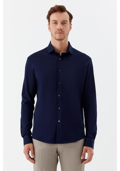 Sabri Özel Erkek Lacivert Dar Kesim Slim Fit %100 Pamuk Düz Dokuma Klasik Yaka Gömlek