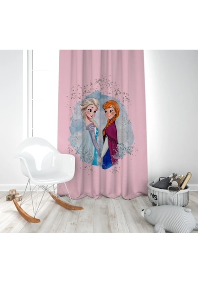 Pembe Elsa Anna Çizim Çocuk Odası Tek Kanat Fon Perde