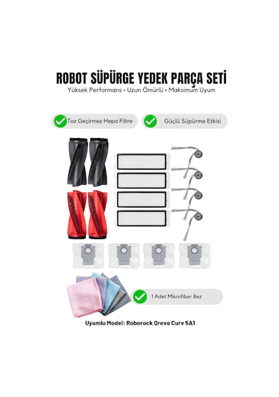Roborock Qrevo Curv 5a1 İle Uyumlu 2 Ana Fırça 4 Yan Fırça 4 Filtre 4 Toz Torbası 1 Temizlik Bezi 16.0