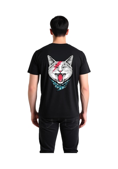 Paybuy Erkek Baskılı Tişört Kedi Motifi Şimşek Çakması Bandana Detaylı R Siyah