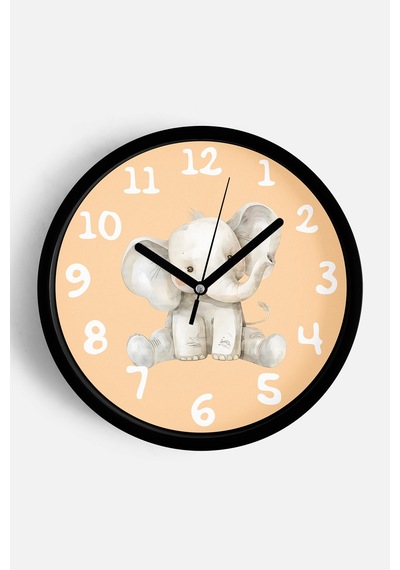 Sevimli Fil Temalı Çocuk Odası Modern Duvar Saati - 30cm - Önü Camlı Siyah Kasa - Sessiz Mekanizma-jh0016 Siyah