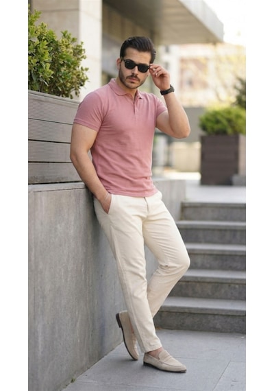 Efnaz Style Erkek Kısa Kollu Yakalı Tişört Gülkurusu