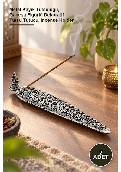 2 Adet Metal Kayık Ganeşa Tütsülük Metal Kayık Tütsülüğü, Ganeşa Figürlü Dekoratif Tütsü Tutucu, Incense Holder