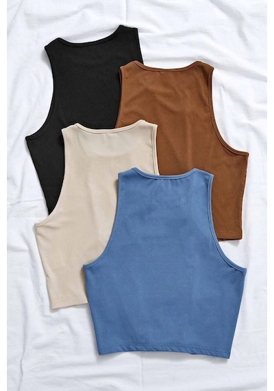 Merry See Tek Renk 1 Adet Kadın Kolsuz Örme Kumaş Bluz Crop Krem