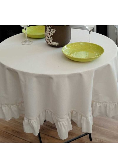 Dnc Home Tekstil  Ham Keten Krem Fırfırlı Yuvarlak Masa Örtüsü 001