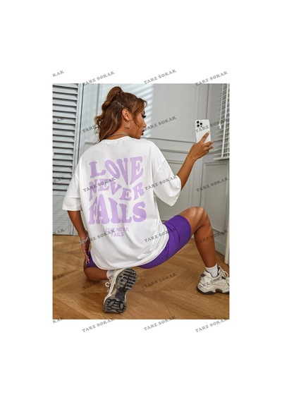 Tarzsokak Kadın Beyaz Love Never Fails Baskılı Oversize Beyaz