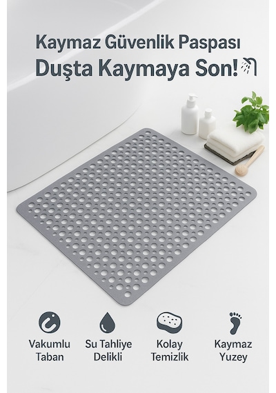36x66 Cm Kaymaz Vantuzlu Duş Ve Banyo Zemin Matı Su Geçirmez, Güvenli Kaydırmaz Mat Antrasit