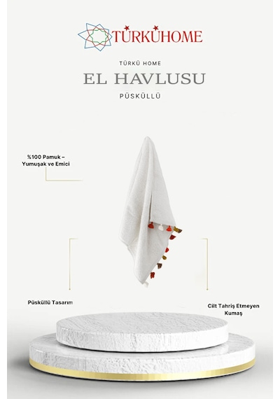 Püsküllü Yumuşak Pamuk Havlu Yüksek Emicili El Havlusu 50x90 Cm Beyaz
