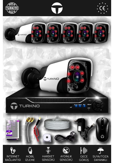 Turkno 6 Kameralı Pania 6 Dış Kamera Set HDD'siz Full HD Gece Görüşlü Güvenlik Kamerası Sistemi