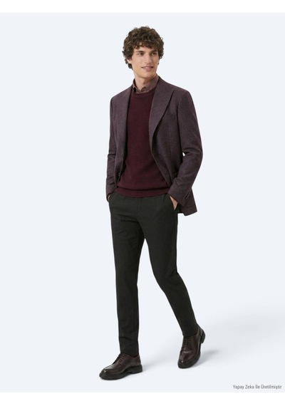 Kip Bordo Desenli Modern Fit Yün Karışımlı Örme Ceket
