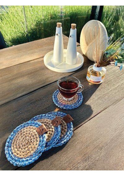 4 Adet Yuvarlak Bardak Altlığı- Leke Tutmaz- Naturel-mavi13x13 Cm Naturel