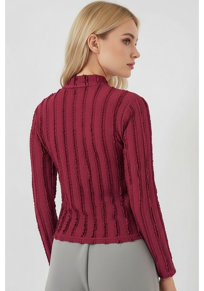 Hiccup Bdart Dokulu Slim Fit Dik Yaka Bluz Bordo Kırmızı