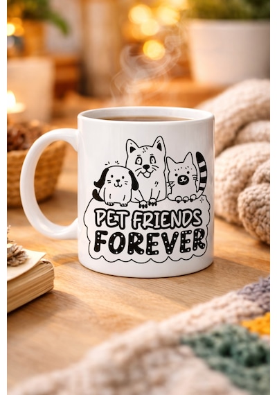 Northcity Pet Friends Forever Porselen Kupa Model 69 Kedi & Köpek Figürlü Sevimli Tasarım, Hayvan Severlere Özel Kahve Ve Çay Kupası Diğer