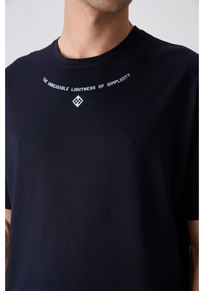 Tommy Life Lacivert Pamuklu Kalın Yumuşak Dokulu Oversize Fit Baskılı Erkek T-shirt - 88343 Lacivert