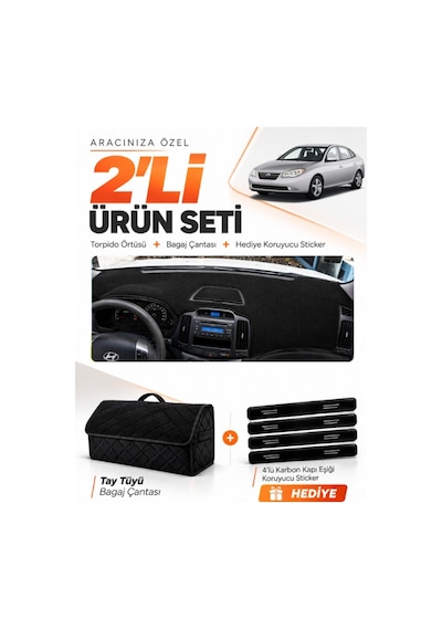 Hyundai Elantra 2007-2011 Uyumlu Torpido Örtüsü + Tay Tüyü Bagaj Çantası + Sticker Seti - Siyah