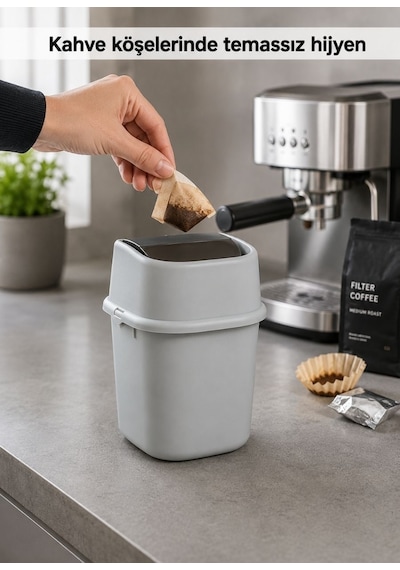 Gri Çöp Yut Tezgah Üstü Çöp Kovası 3 L - Inox Ve Gri Mutfak Uyumlu Mini Sallanır Kapak Çöp Kutusu
