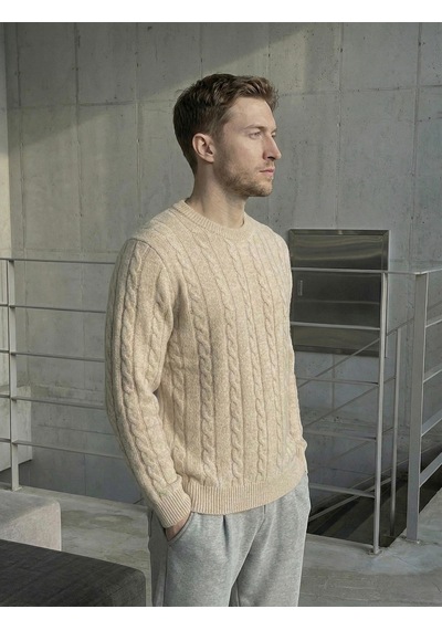 Erkek Bej Bisiklet Yaka Slim Fit Saç Örgülü Triko Kazak Bej