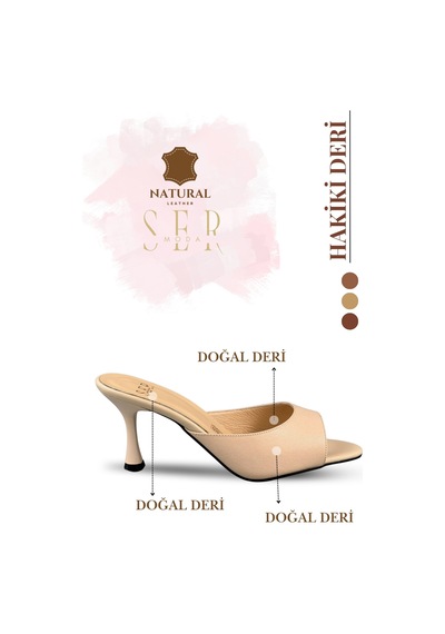 Sermoda Hakiki Deri Kadın Terlik - 7 Cm Topuklu Hakiki Deri Kadın Topuklu Terlik Nut Fındık