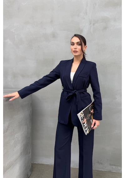 Msm Fashion Kadın İkili Kuşaklı Blazer Ceket Pantolon Takım Lacivert