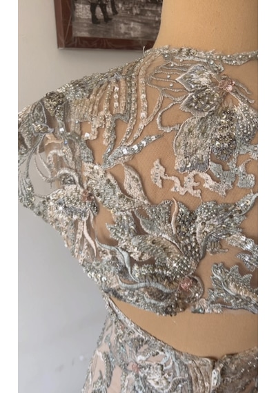 Chica Rosa Fashion Pelerinli Kristal İşlemeli Askılı Mini Elbise Gri - Mavi