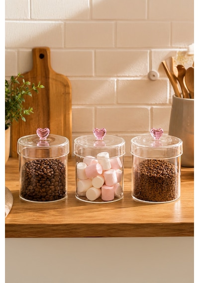 Porsima Hearts 3lü 750 Ml Borosilikat Cam Kavanoz Seti Saklama Kabı Takımı 10x12 Cm Şeffaf