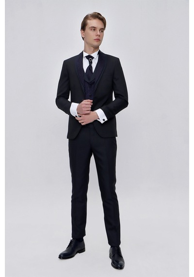 Morven Erkek Lacivert Santos Çıkma Yaka Slim Fit Damatlık Lacivert