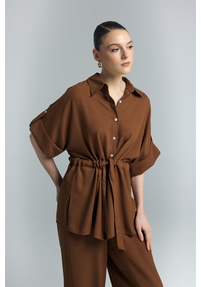 Beli Bağlamalı Kimono Gömlek - Kahve-137287