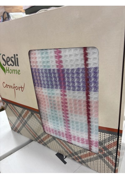 Sesli Comfort Mor Pembe Beyaz Ekose Skoç Pamuk Örme Battaniye 200x220 Çift Kişilik Battal Diğer