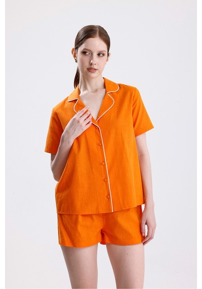 Kadın Kısa Kol Önden Düğmeli Şortlu Kiremit Pijama Takımı Çok Renkli