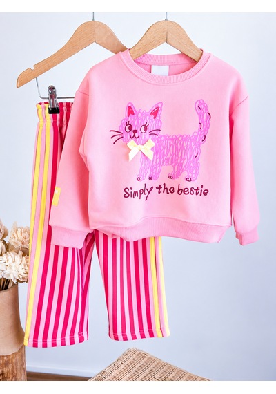Elzo Collection Kız Çocuk Pembe Kedi Baskılı Swearshirt Çizgili Eşofman 3 İplik Kumaş Alt Üst Takım Elzo Collection Kız Çocuk Pembe Kedi Baskılı Swearshirt Çizgili Eşofman 3 İplik Kumaş Alt Üst Takım