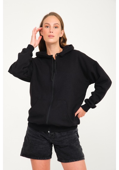 Harmandar Baskısız Unisex Siyah Cepli Kapüşonlu Fermuarlı Sweatshirt Hırka Siyah