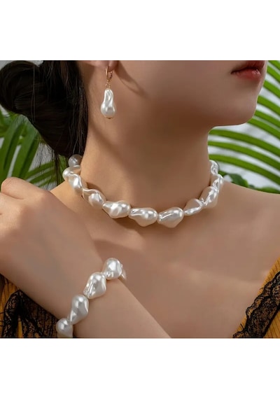 Şık Zarif Elegant Barok Inci Set Kolye Bileklik Küpe Beyaz