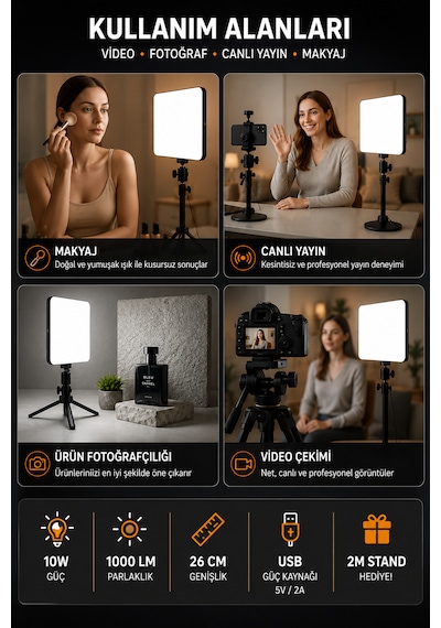 Profesyonel 26cm Led Işık 3 Renk Modlu 2 Metre Tripod Standlı Ayarlanabilir Masa Lambası Aydınlatma