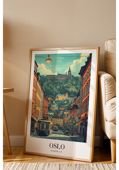Oslo Norway Vintage Seyahat Posteri Çerçeveli Tablo - Premium İskandinav Şehir Elit Duvar Dekoru Kayın