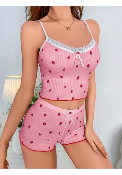 Jhena Beyaz Dantel Detaylı Desenli Kadın Penye Gecelik, Kadın Kaliteli Ev Giyim Pijama Pudra - Pembe