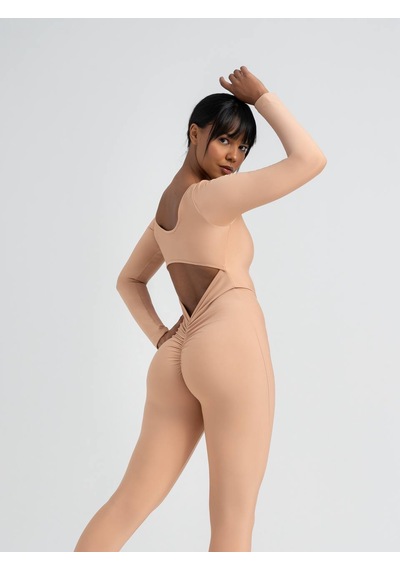 Lismina Ten Rengi Uzun Kollu Arkası Büzgülü Scrunch Butt Spor Tulum Ten Rengi