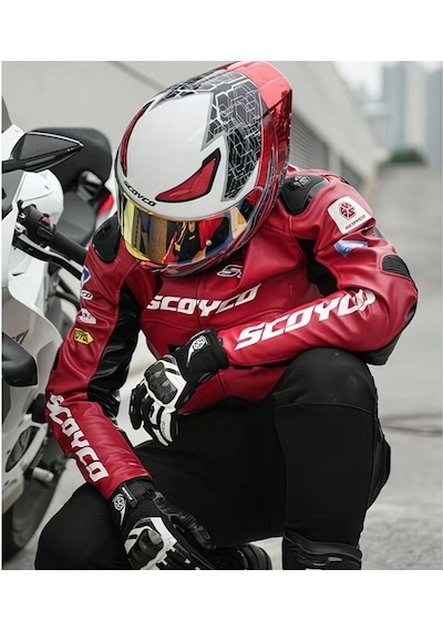 Motoanl Motosiklet Montu 4 Mevsim Sport Racing Mont Pu Leather Red